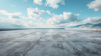 A large empty parking lot with a clear blue sky above