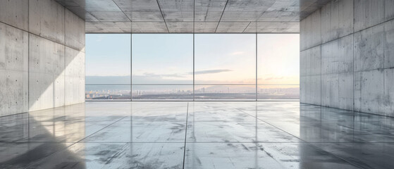 A large, empty room with a window overlooking a city