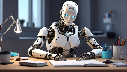 A strong artificial intelligence machine futuristic robot sitting at a desk and reading a new concept book on a home office blur background