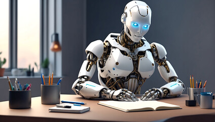 Fototapeta premium A strong artificial intelligence machine futuristic robot sitting at a desk and reading a new concept book on a home office blur background