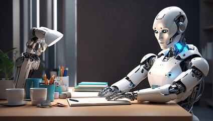 Fototapeta premium A strong artificial intelligence machine futuristic robot sitting at a desk and reading a new concept book on a home office blur background