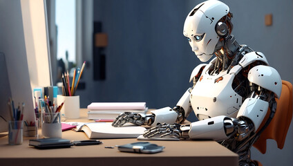 Fototapeta premium A strong artificial intelligence machine futuristic robot sitting at a desk and reading a new concept book on a home office blur background