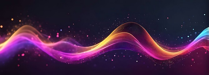 Obraz premium Digital background for tech, AI, data, audio, graphics. Abstract colorful digital particles wave with bokeh and light background, 3d render wave line dot background, line wave light glowing effect