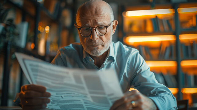 Senior man in glasses focused on reading a newspaper in a cozy indoor setting.