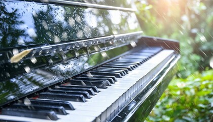 비내리는 숲속에 잎이 가득한 피아노