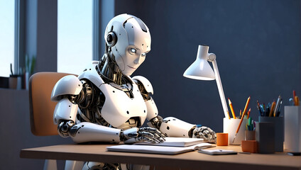 A strong artificial intelligence machine futuristic robot sitting at a desk and reading a new concept book on a home office blur background