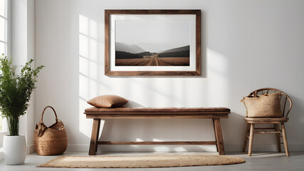 Fototapeta na wymiar Wooden rustic bench near white wall with two frames. Farmhouse, country, boho interior design of modern home entryway, hall.