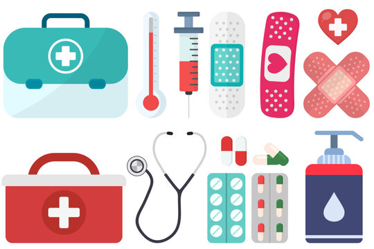 Set of medical items and tools of a pharmacy or doctor's office cartoon illustration isolated on white background.