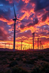Obraz premium Frame the silhouettes of wind turbines against a fiery sunset sky