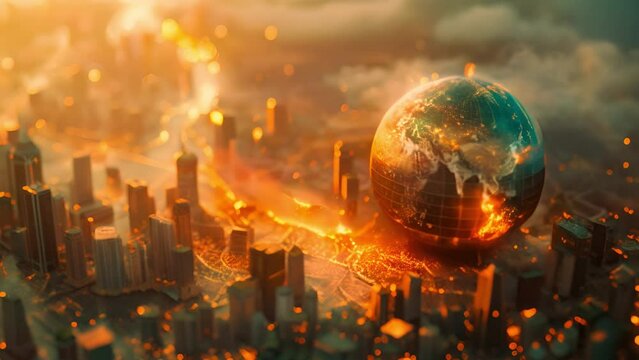 Globe with cityscape and small fire, symbolizing global warming and economic crisis, urging action on climate change and economic sustainability, suitable for environmental advocacy and economic analy