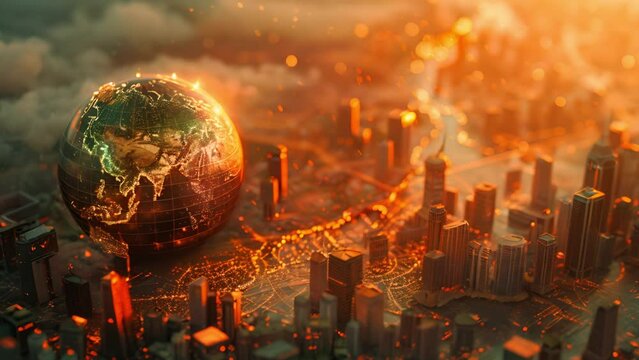 Globe with cityscape and small fire, symbolizing global warming and economic crisis, urging action on climate change and economic sustainability, suitable for environmental advocacy 