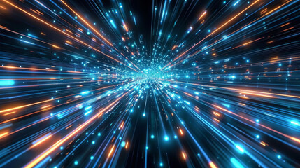 A bright blue and orange light trail with many small dots