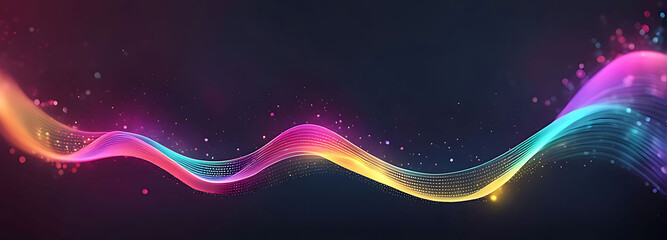 Digital background for tech, AI, data, audio, graphics. Abstract colorful digital particles wave with bokeh and light background, 3d render wave line dot background, line wave light glowing effect