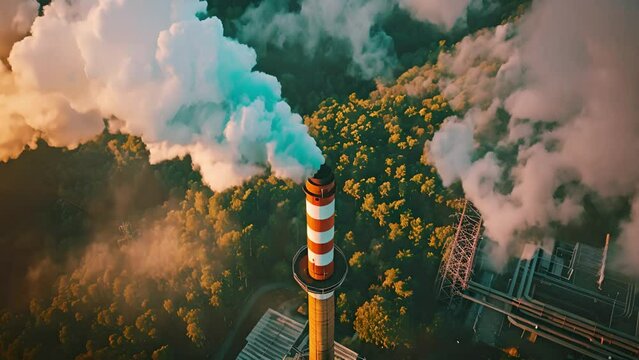 Dense smoke rising from industrial chimney against lush green forest backdrop, juxtaposing air pollution with nature, advocating for low carbon solutions, suitable for environmental campaigns and educ