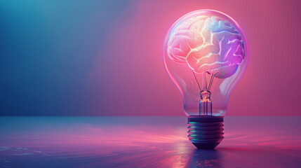 A glowing light bulb with a vivid brain illustration inside, set against a purple backdrop.