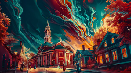 A colorful painting of a town with a church and houses