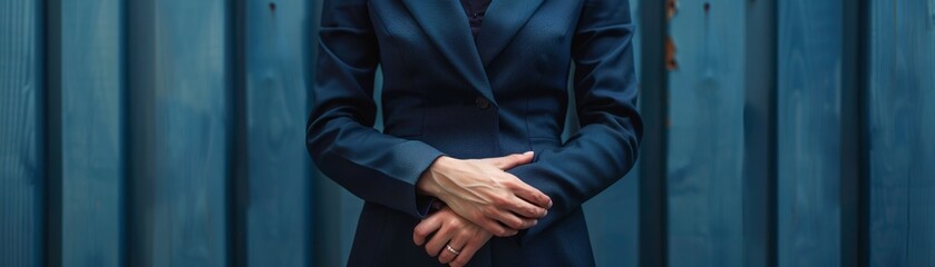 Visualize a female leader in a tailored navy blue suit, torso visible, with hands clasped in a professional gesture