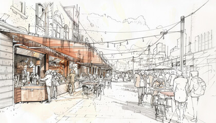 A drawing of a busy street with people walking and sitting at tables