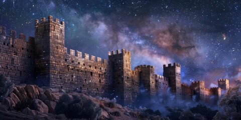 Fototapeta premium The ancient city walls stood as silent sentinels against the backdrop of a starry night sky