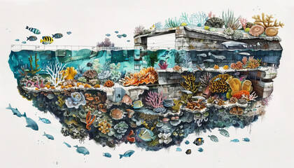A painting of a coral reef with many fish and other sea creatures