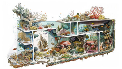 A drawing of a coral reef with many different types of fish and plants