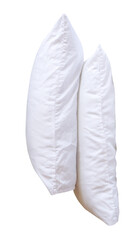 Side view of two white pillows with pillow cases in stack isolated with clipping path in png file format