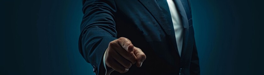 Render a male CEO, attired in a dark navy blue suit, torso visible, with his finger gesturing authoritatively