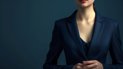 Render a female CEO, dressed in a sleek navy blue suit, torso visible, clasping her hands together