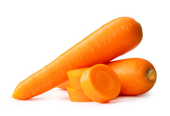 Two fresh orange carrots with slices in stack isolated on white background with clipping path