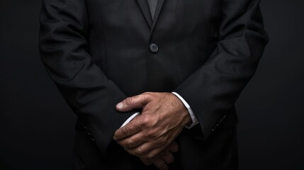 Produce an image of a male business leader in a charcoal grey suit, showing torso, with one hand on the other arm