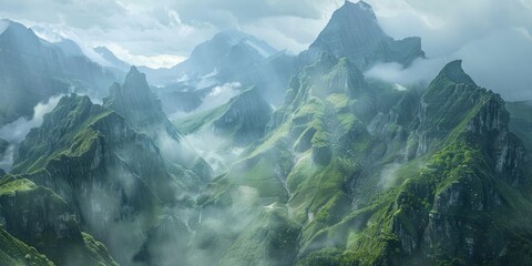 Naklejka premium The rugged mountains towered over the tranquil valley