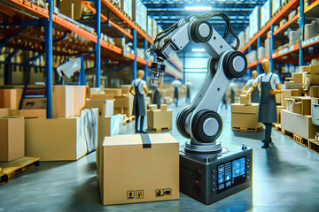 ARM robotics Robot transports arm Box with AI interface Object for manufacturing industry...