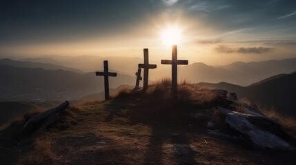 Three cross on the mountain with sun light, belief, faith and spirituality and resurrection of Jesus Christ Generative AI