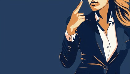 Illustrate a woman CEO in a navy blue suit, torso showing, with hands clasped together