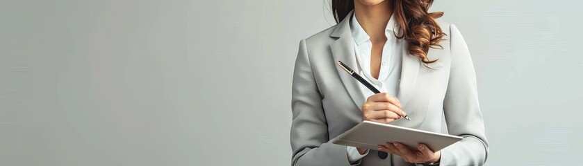 Illustrate a woman CEO in a light grey suit, torso showing, holding a pen in her hand - Powered by Adobe