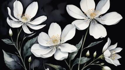 white flowers on black background