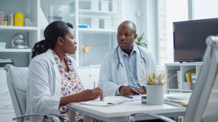 Fototapeta premium A doctor and a patient are sitting at a desk in a hospital