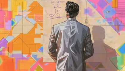 Illustrate a visionary CEO in a light grey suit, torso showing, marking strategies on a digital wall screen