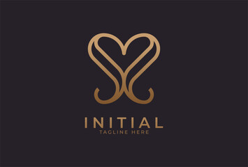 Abstract initial S or SS Love logo, letter S with heart icon combination in gold colour line style, usable for brand, card and invitation, logo design template element,vector illustration