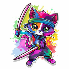 Cute ninja cat cartoon on a White Canvas Sticker,vector image