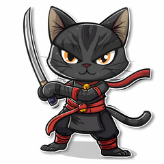 Cute ninja cat cartoon on a White Canvas Sticker,vector image