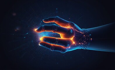 Abstract Digital Human Hand Touching on Glo wing Dot Lo