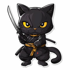 Cute ninja cat cartoon on a White Canvas Sticker,vector image
