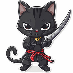 Cute ninja cat cartoon on a White Canvas Sticker,vector image