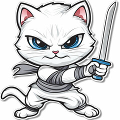 Cute ninja cat cartoon on a White Canvas Sticker,vector image
