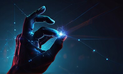 Abstract Digital Human Hand Touching on Glo wing Dot Lo