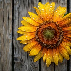 A closeup of a vibrant sunflower head with dewdrops glistening on its petals, resting on a weathered wooden plank with a designated copy space in the center