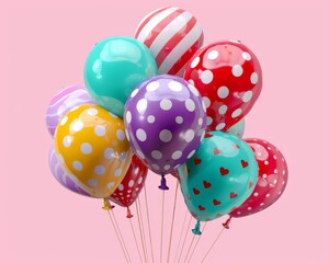 A cluster of colorful balloons in various sizes, including polka dots, stripes, and hearts, floating playfully against a pastel pink background