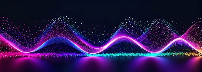 Digital background for tech, AI, data, audio, graphics. Abstract colorful digital particles wave with bokeh and light background, 3d render wave line dot background, line wave light glowing effect