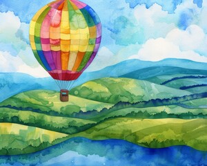 Fototapeta premium A colorful hot air balloon floating over a landscape of rolling green hills and turquoise lakes, all painted in a whimsical watercolor style